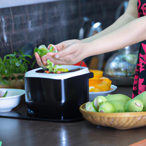 Một người phụ nữ đang thêm rau củ vào nồi canh kê gà